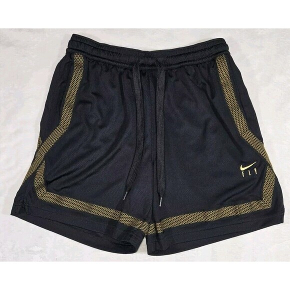 Nike DriFit Swoosh Fly Womens Black Gold Basketball Shorts Medium 28x7 - Picture 1 of 13